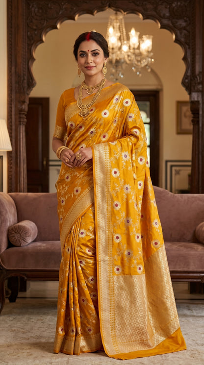 Marigold Yellow Sunflower and Daisy Jaal Saree with Golden Border 2