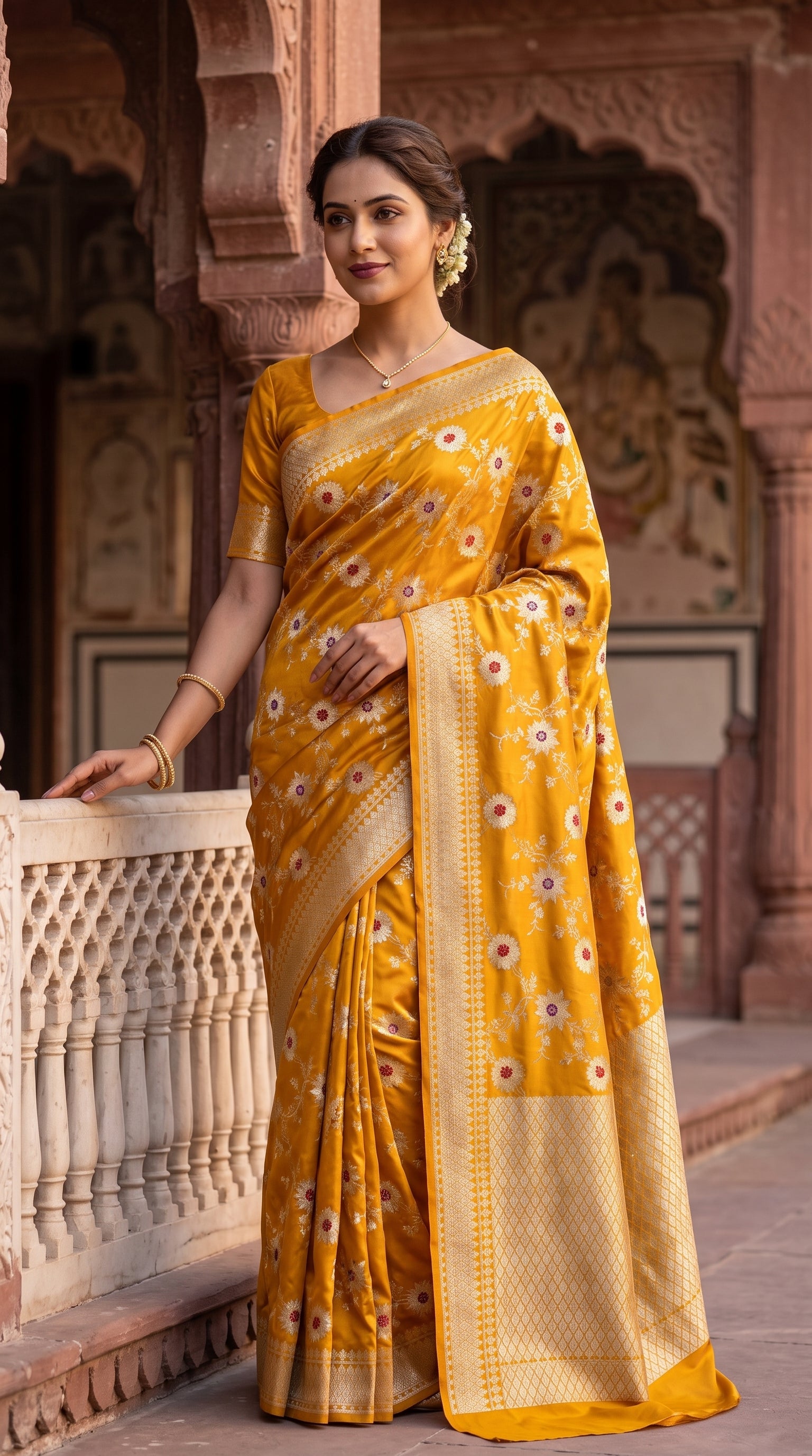 Marigold Yellow Sunflower and Daisy Jaal Saree with Golden Border 2