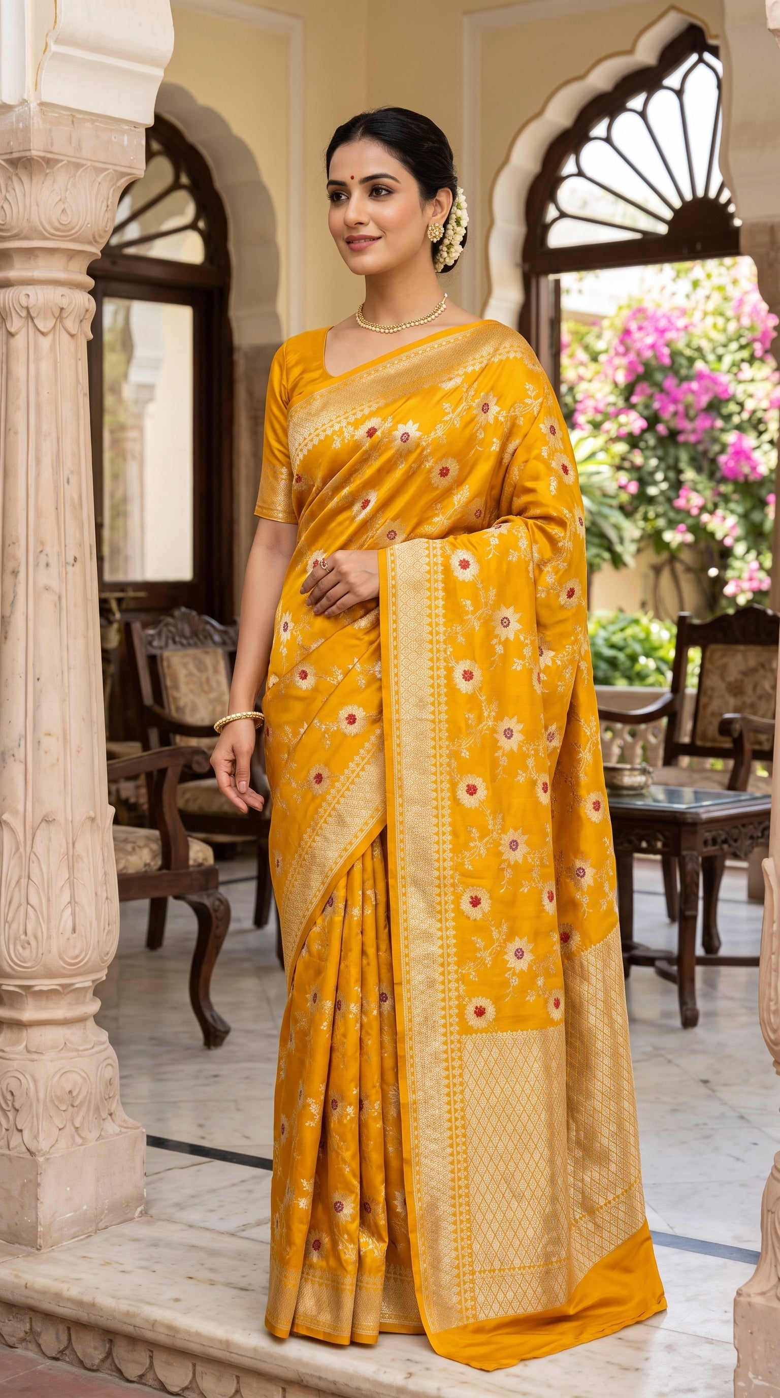 Marigold Yellow Sunflower and Daisy Jaal Saree with Golden Border 4