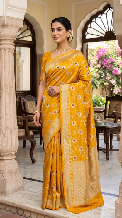 Marigold Yellow Sunflower and Daisy Jaal Saree with Golden Border 4