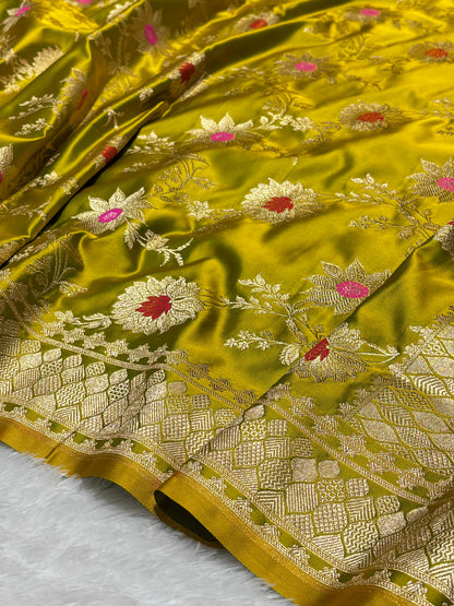 Olive Gold Sunflower and Daisy Jaal Saree with Golden Border 1