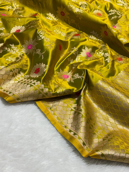 Olive Gold Sunflower and Daisy Jaal Saree with Golden Border 2