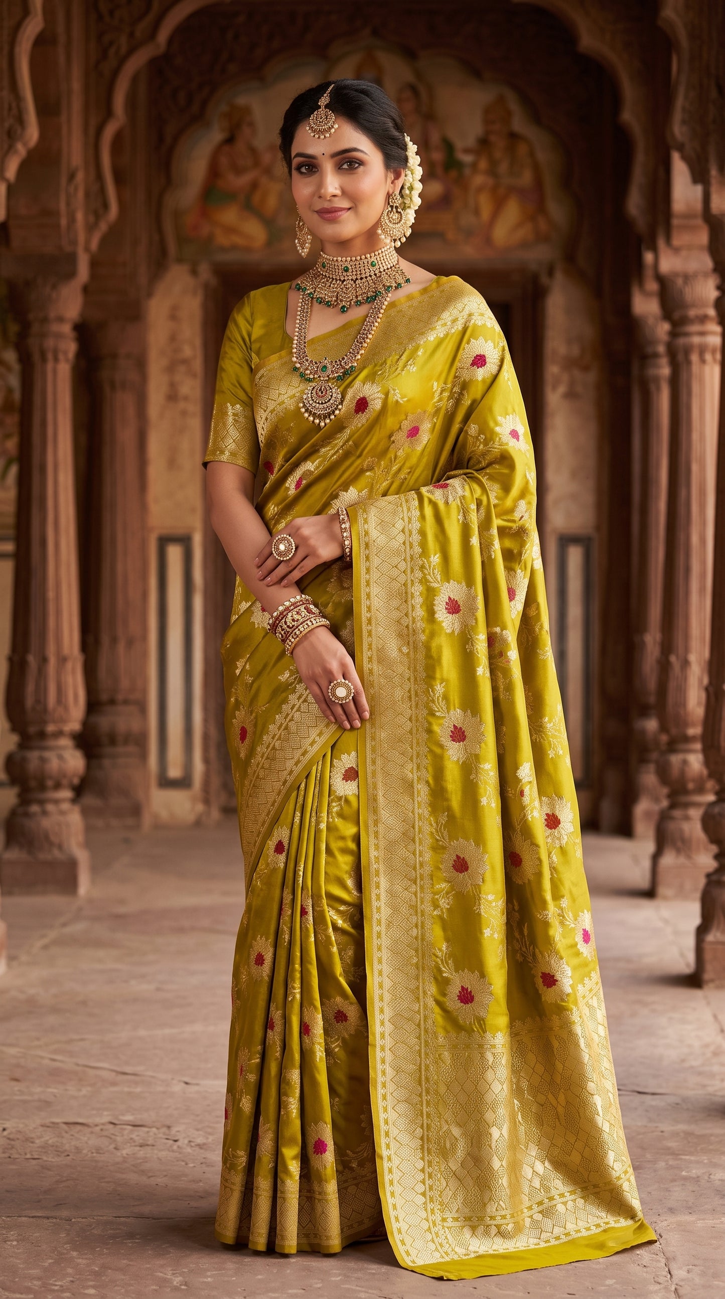 Olive Gold Sunflower and Daisy Jaal Saree with Golden Border 3