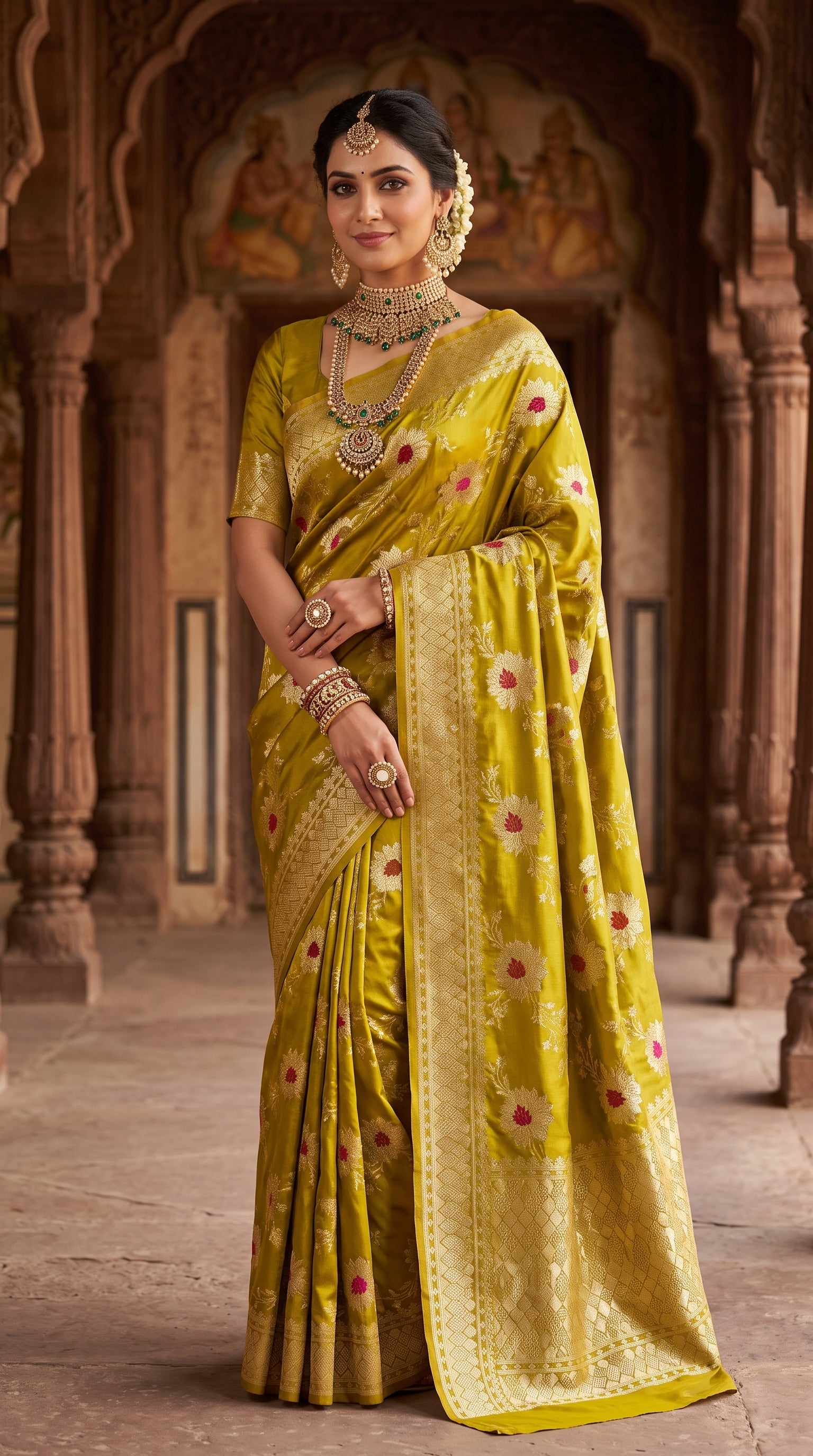 Olive Gold Sunflower and Daisy Jaal Saree with Golden Border 3