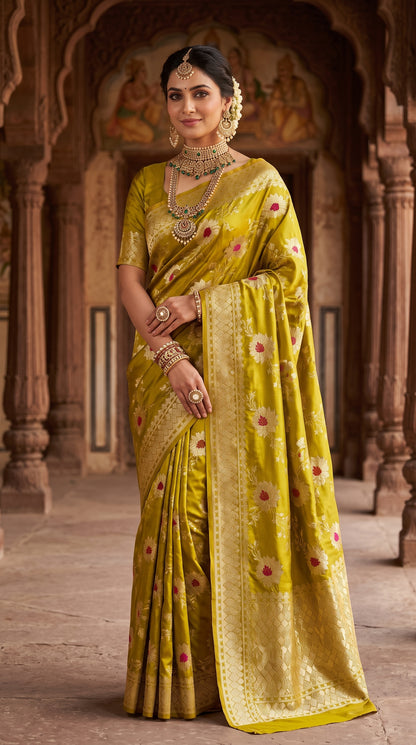 Olive Gold Sunflower and Daisy Jaal Saree with Golden Border 3