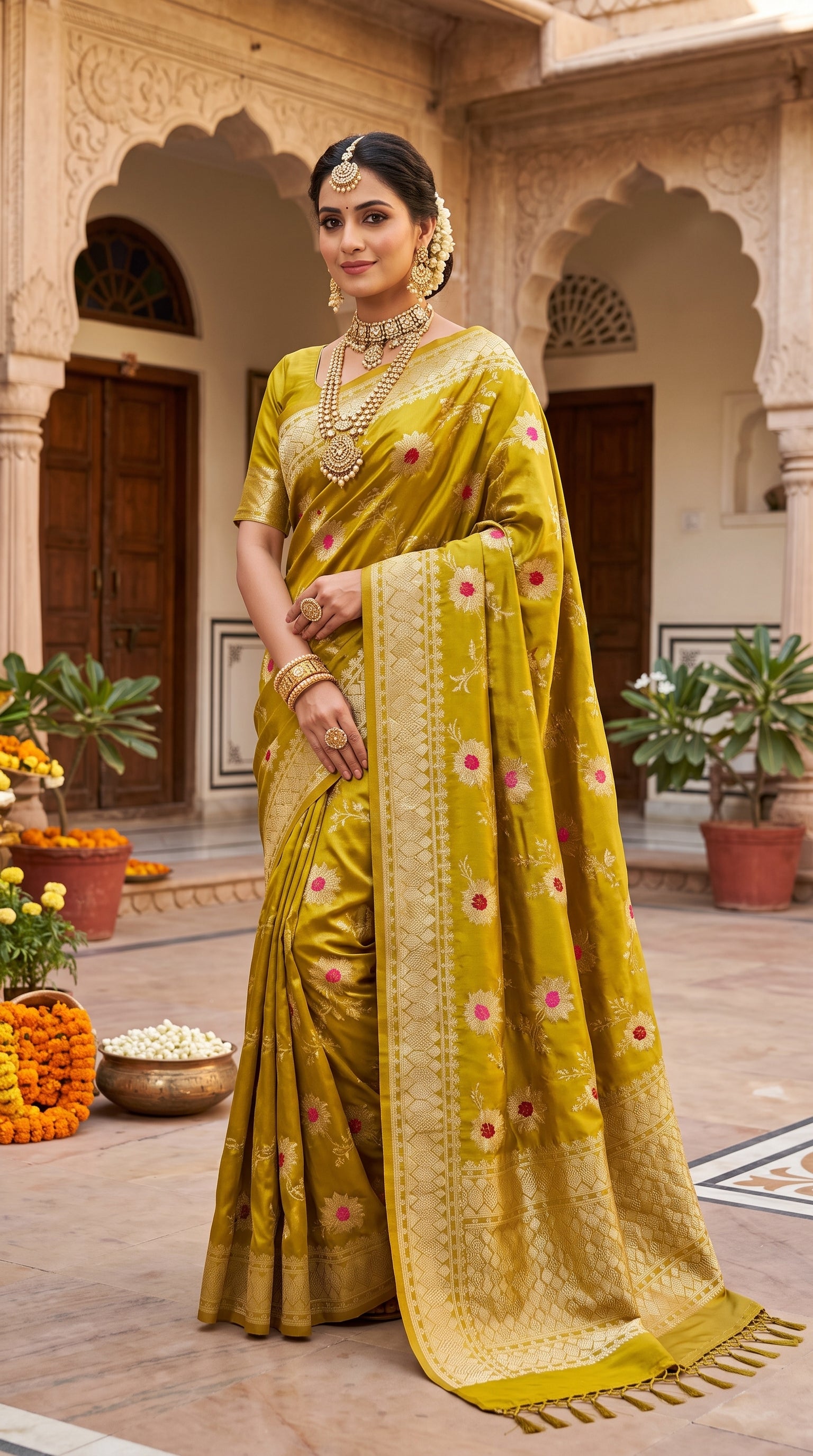 Olive Gold Sunflower and Daisy Jaal Saree with Golden Border 4