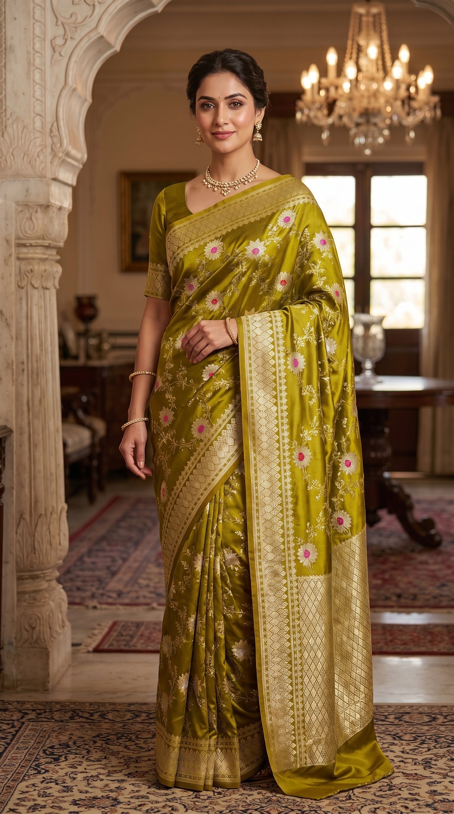 Olive Gold Sunflower and Daisy Jaal Saree with Golden Border 4