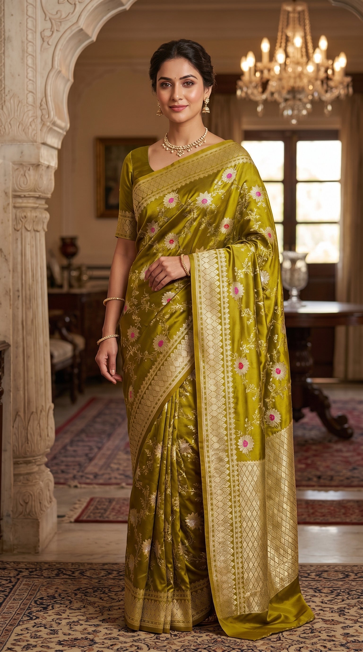 Olive Gold Sunflower and Daisy Jaal Saree with Golden Border 4