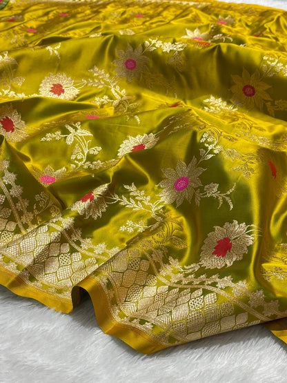 Olive Gold Sunflower and Daisy Jaal Saree with Golden Border 8