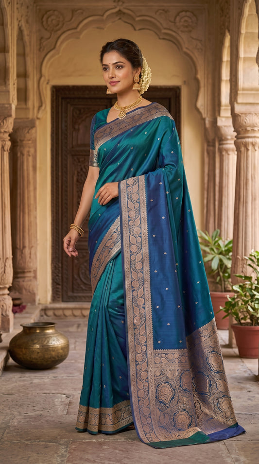 Peacock Blue Katan Silk Chhoti Buti Saree with Gold Zari Weaving Border 1