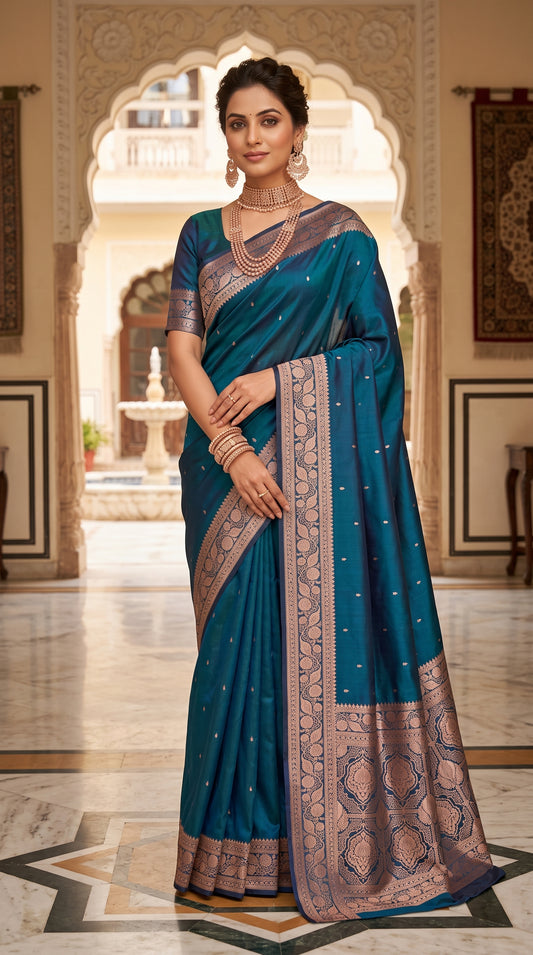 Peacock Blue Katan Silk Chhoti Buti Saree with Gold Zari Weaving Border 2