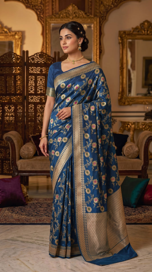 Peacock Blue Sunflower and Daisy Jaal Saree with Golden Border