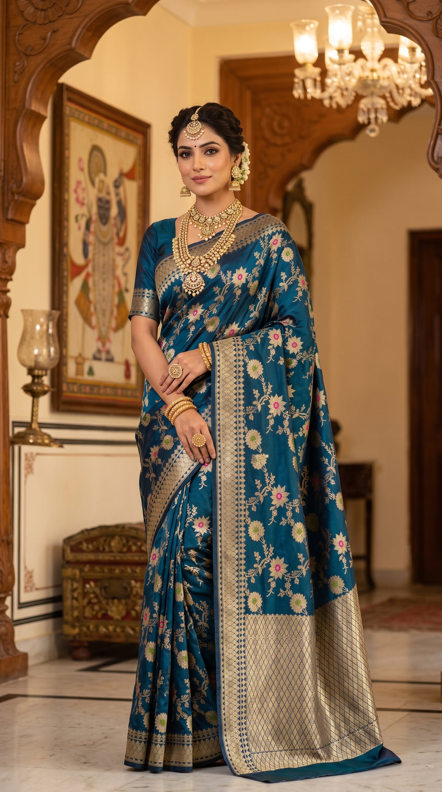 Peacock Blue Sunflower and Daisy Jaal Saree with Golden Border 2