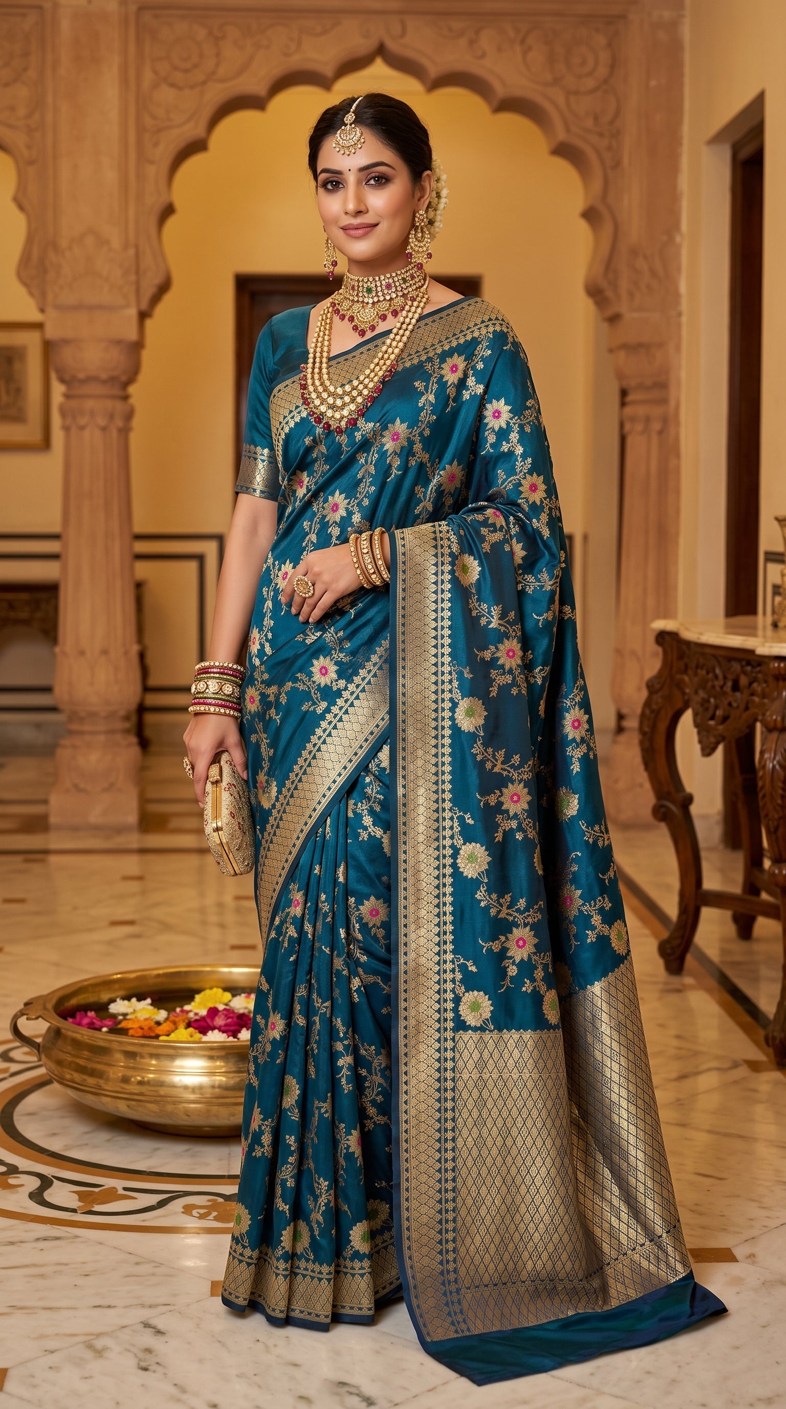 Peacock Blue Sunflower and Daisy Jaal Saree with Golden Border 3