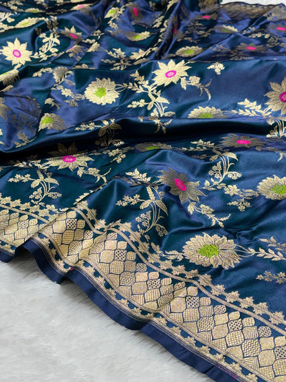 Peacock Blue Sunflower and Daisy Jaal Saree with Golden Border 5