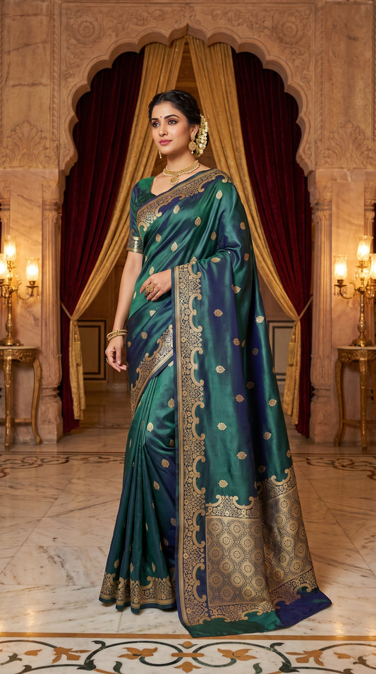 Peacock Green Katan Banarasi Silk Saree with Floral Kangoora and Floral Zari Border 1