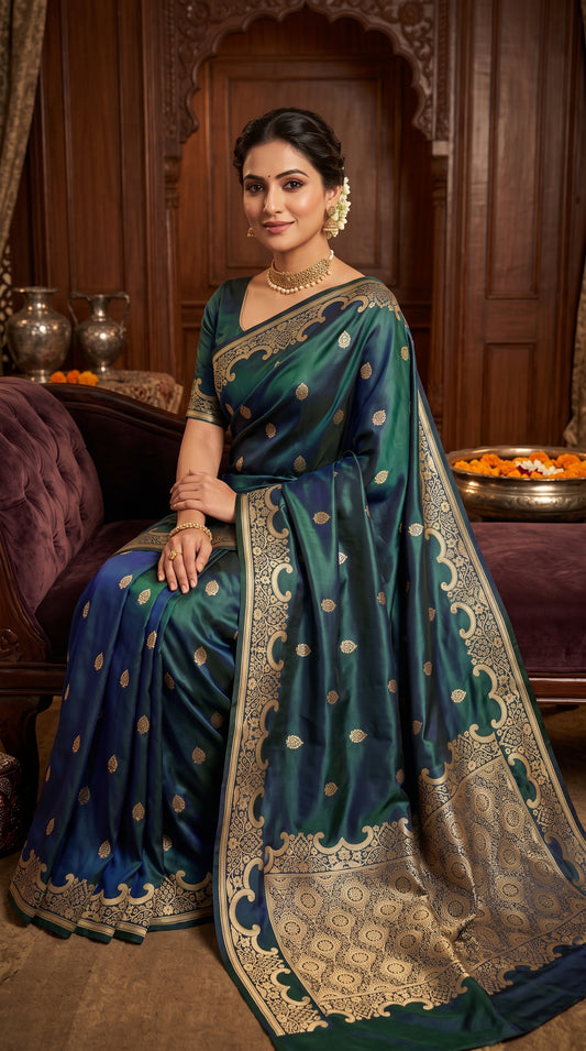 Peacock Green Katan Banarasi Silk Saree with Floral Kangoora and Floral Zari Border