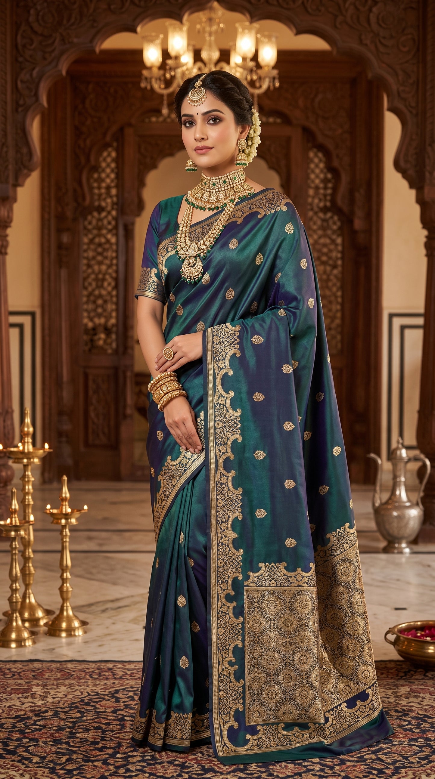 Peacock Green Katan Banarasi Silk Saree with Floral Kangoora and Floral Zari Border 3