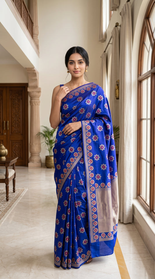 Royal Blue Floral Lotus Butti Design Banarasi Silk Saree