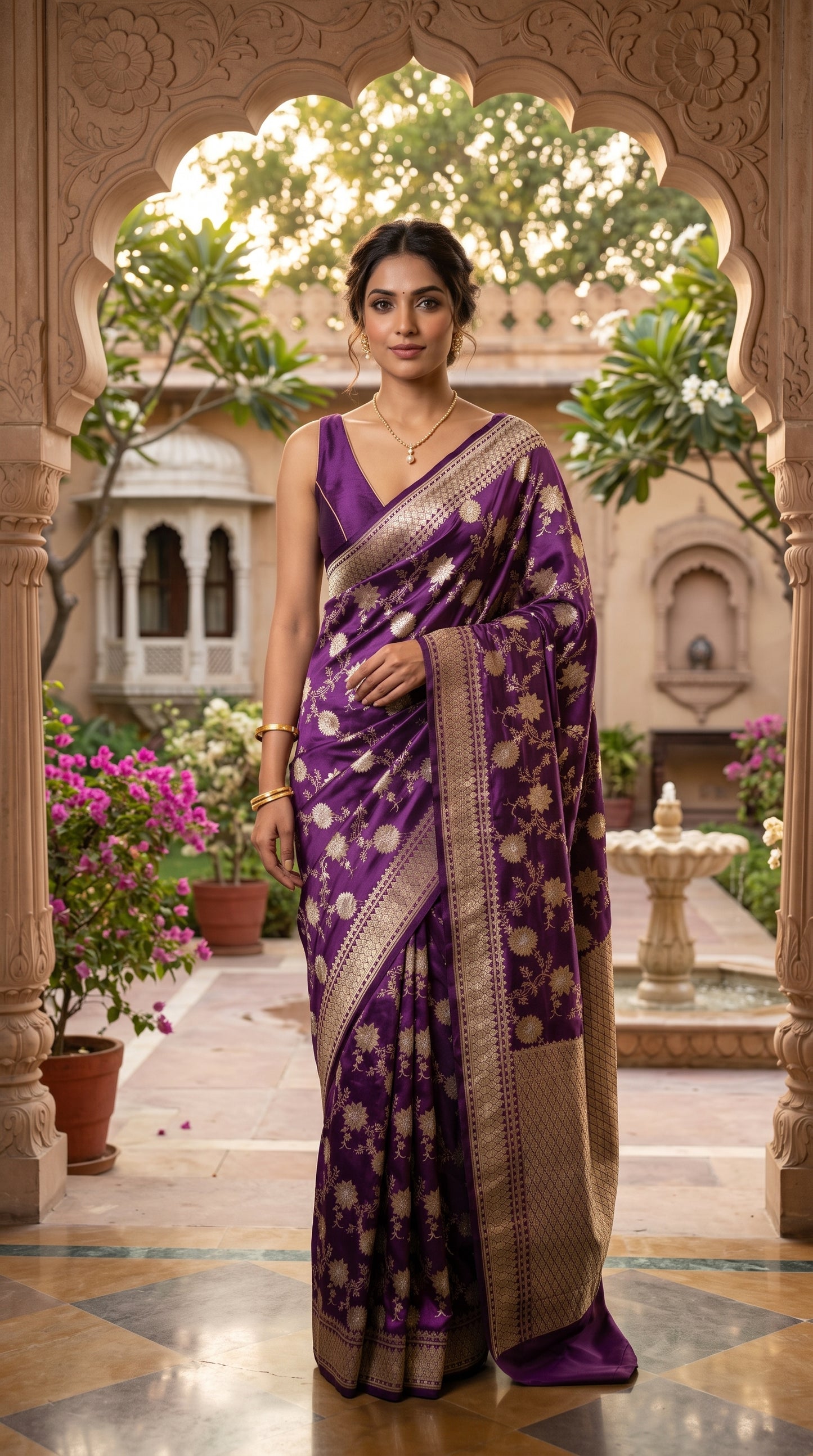 Royal Purple Floral Jaal Katan Silk Banarasi Saree with Golden Border