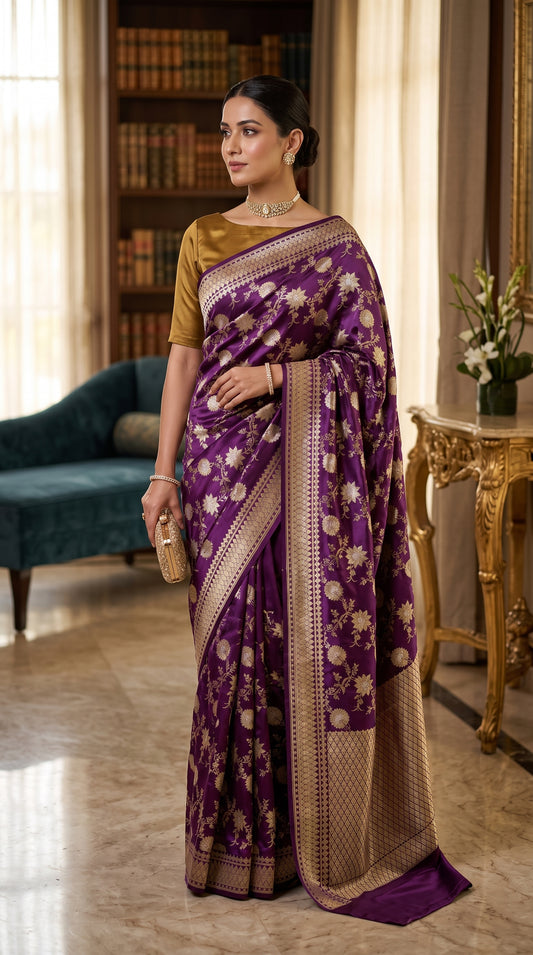 Royal Purple Floral Jaal Katan Silk Banarasi Saree with Golden Border