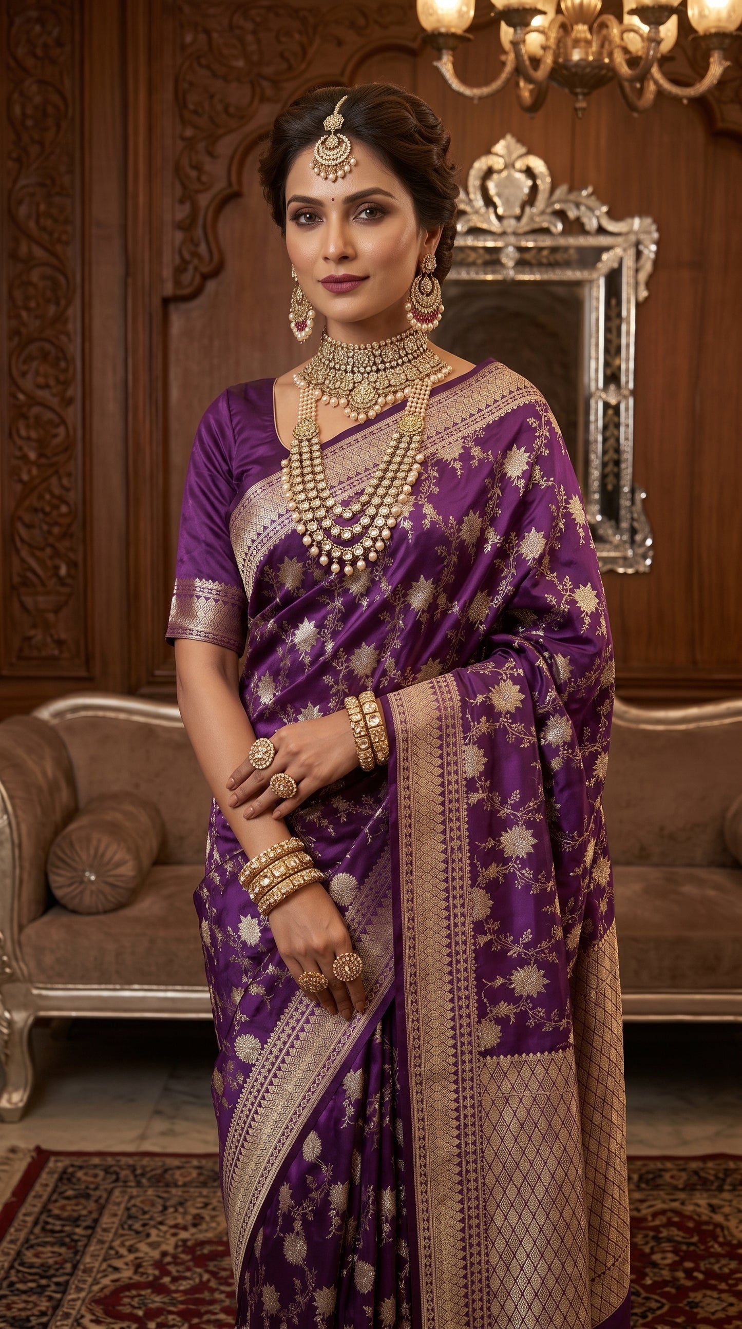 Royal Purple Floral Jaal Katan Silk Banarasi Saree with Golden Border