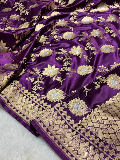 Royal Purple Floral Jaal Katan Silk Banarasi Saree with Golden Border