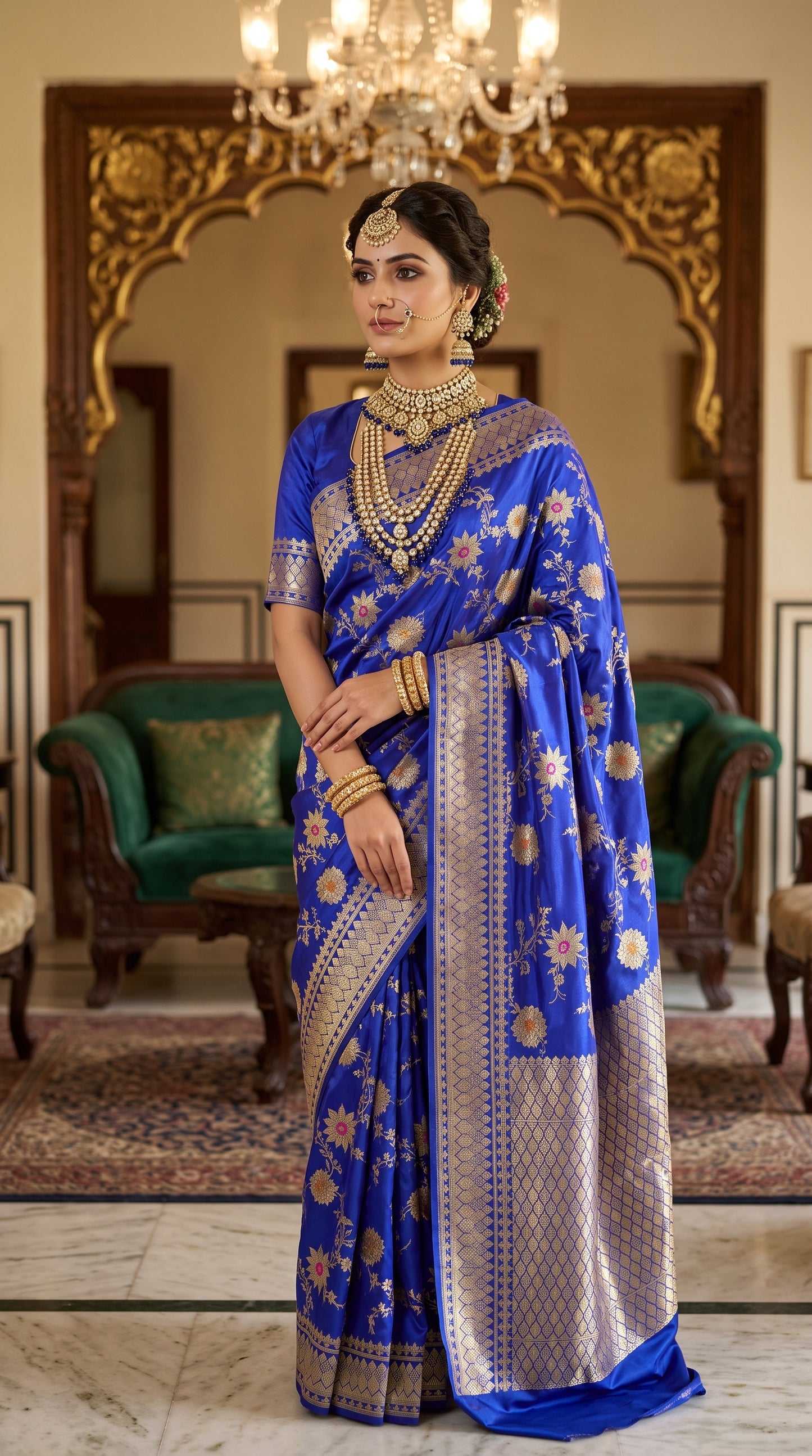 Royal Blue Sunflower and Daisy Jaal Saree with Golden Border