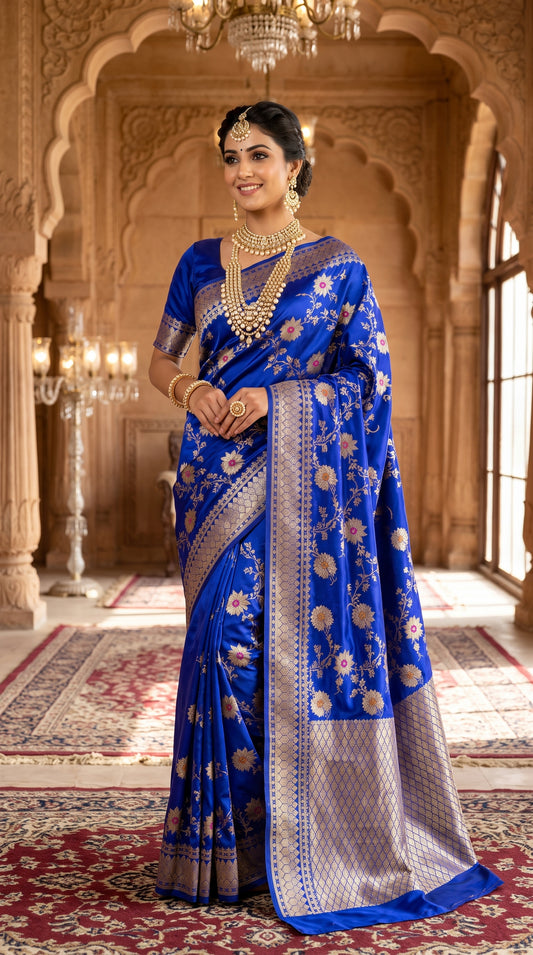 Royal Blue Sunflower and Daisy Jaal Saree with Golden Border