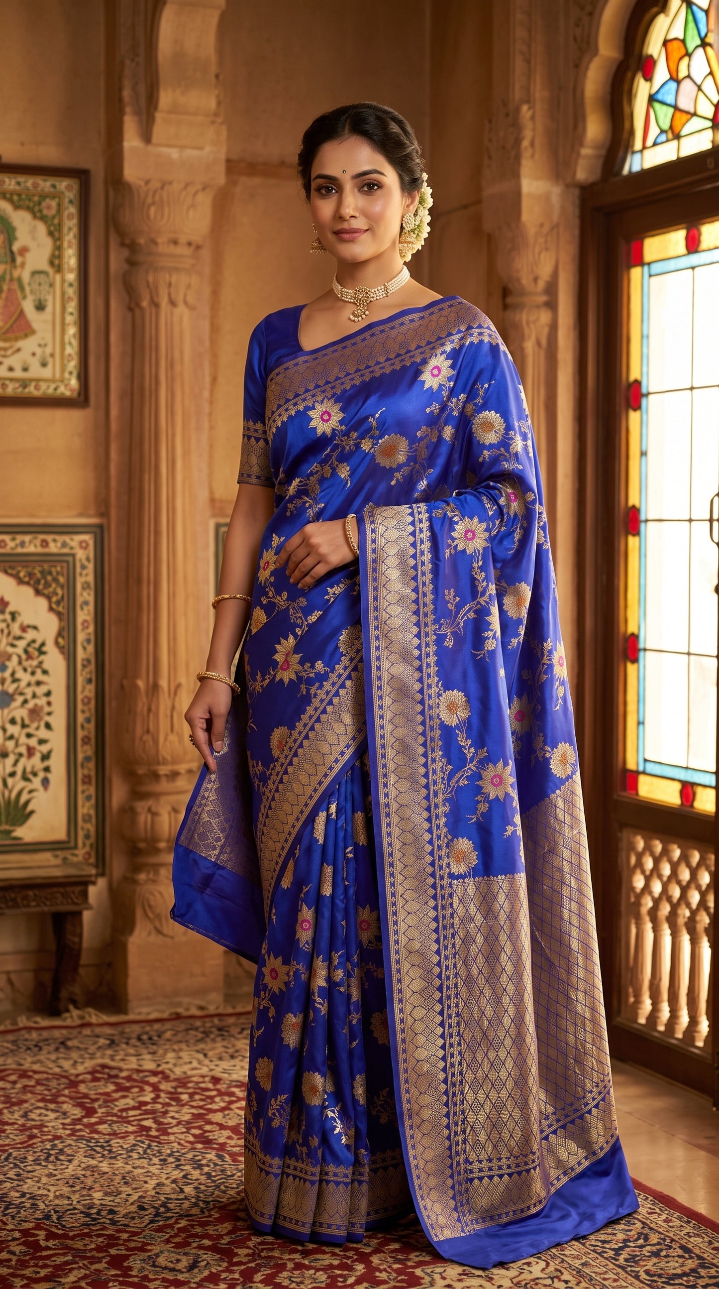 Royal Blue Sunflower and Daisy Jaal Saree with Golden Border