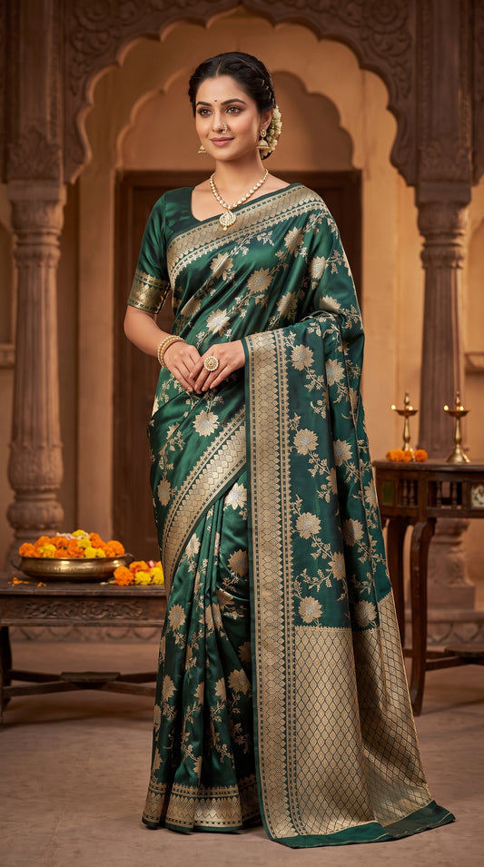 Bottle Teal Green Floral Jaal Katan Banarasi Silk Saree