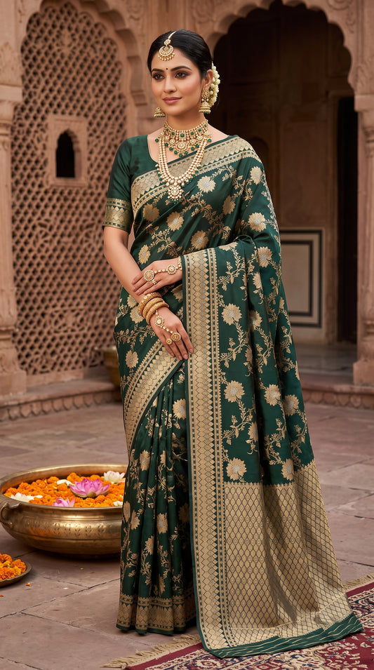 Bottle Teal Green Floral Jaal Katan Banarasi Silk Saree