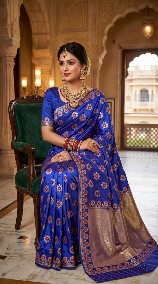 Royal Blue Floral Lotus Butti Design Banarasi Silk Saree