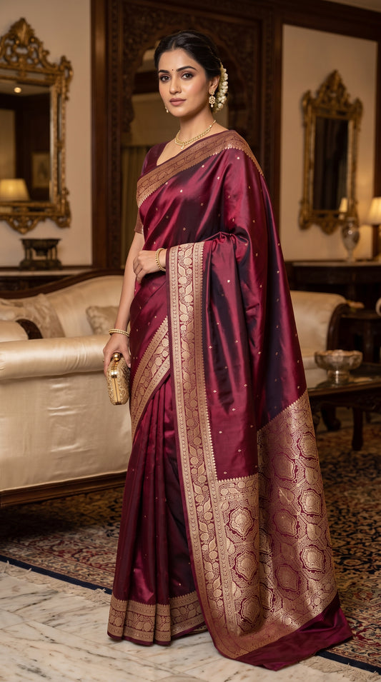 Royal Wine Katan Silk chhoti buti Saree with Rich Gold Zari Weaving Border