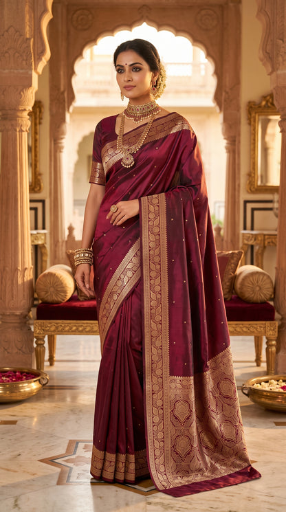 Royal Wine Katan Silk chhoti buti Saree with Rich Gold Zari Weaving Border
