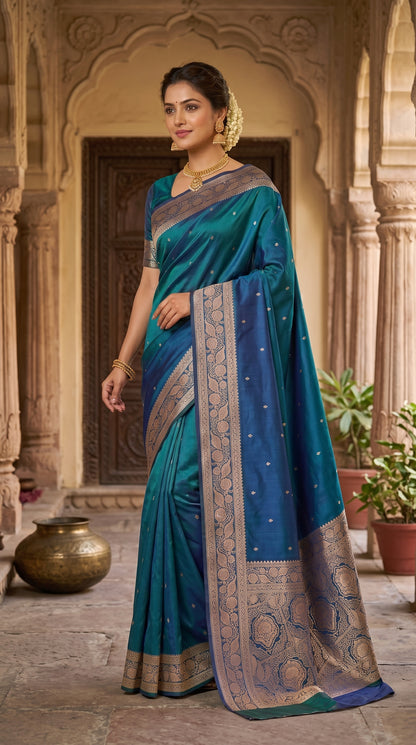 Peacock Blue Katan Silk Chhoti Buti Saree with Gold Zari Weaving Border