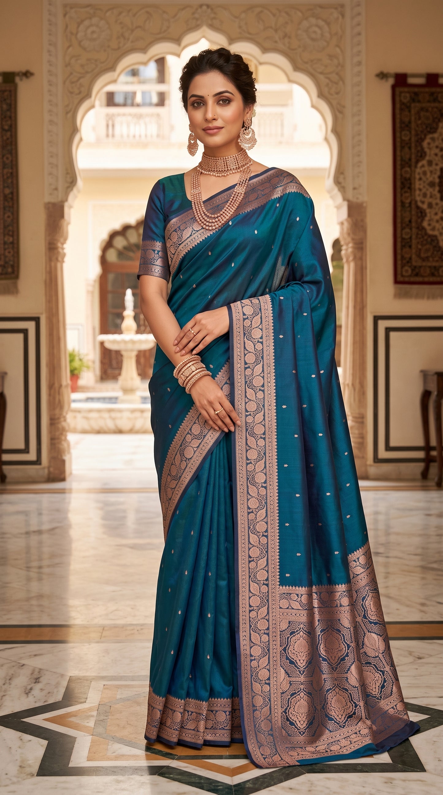 Peacock Blue Katan Silk Chhoti Buti Saree with Gold Zari Weaving Border