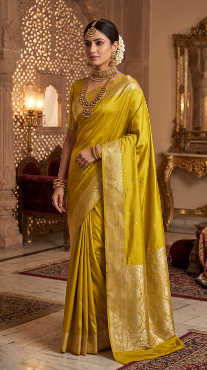 Kanak Yellow Katan Silk Chhoti Buti Saree with Gold Zari Weaving Border
