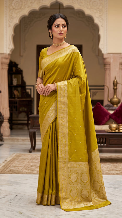 Kanak Yellow Katan Silk Chhoti Buti Saree with Gold Zari Weaving Border