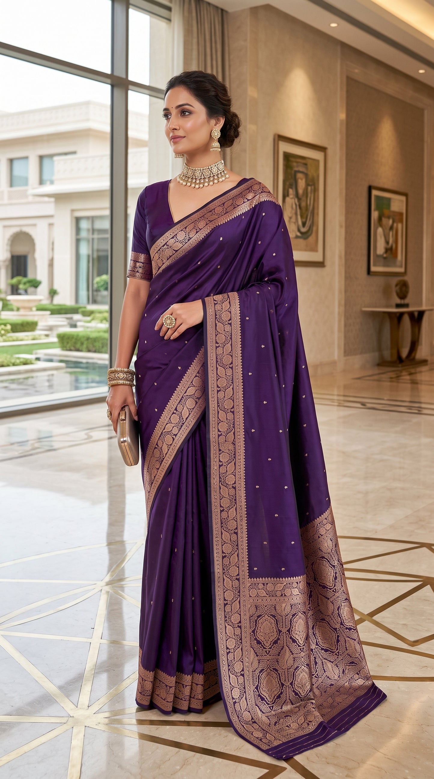 Royal Purple Katan Silk Chhoti Buti Saree with Rich Gold Zari Weaving Border