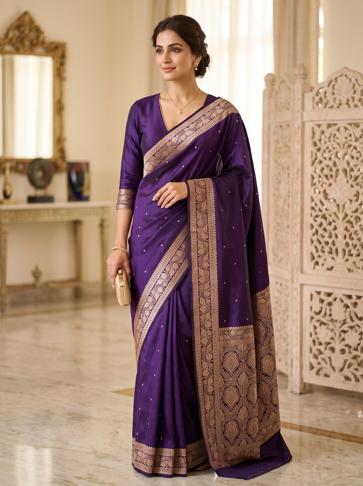 Royal Purple Katan Silk Chhoti Buti Saree with Rich Gold Zari Weaving Border