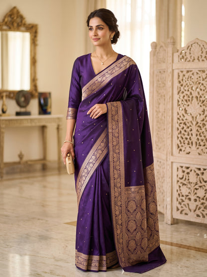 Royal Purple Katan Silk Chhoti Buti Saree with Rich Gold Zari Weaving Border