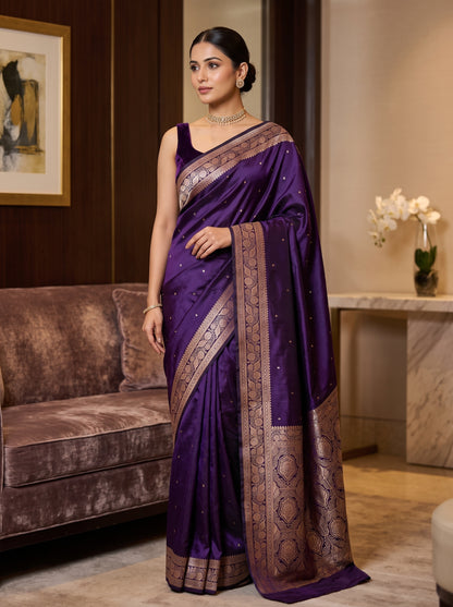 Royal Purple Katan Silk Chhoti Buti Saree with Rich Gold Zari Weaving Border
