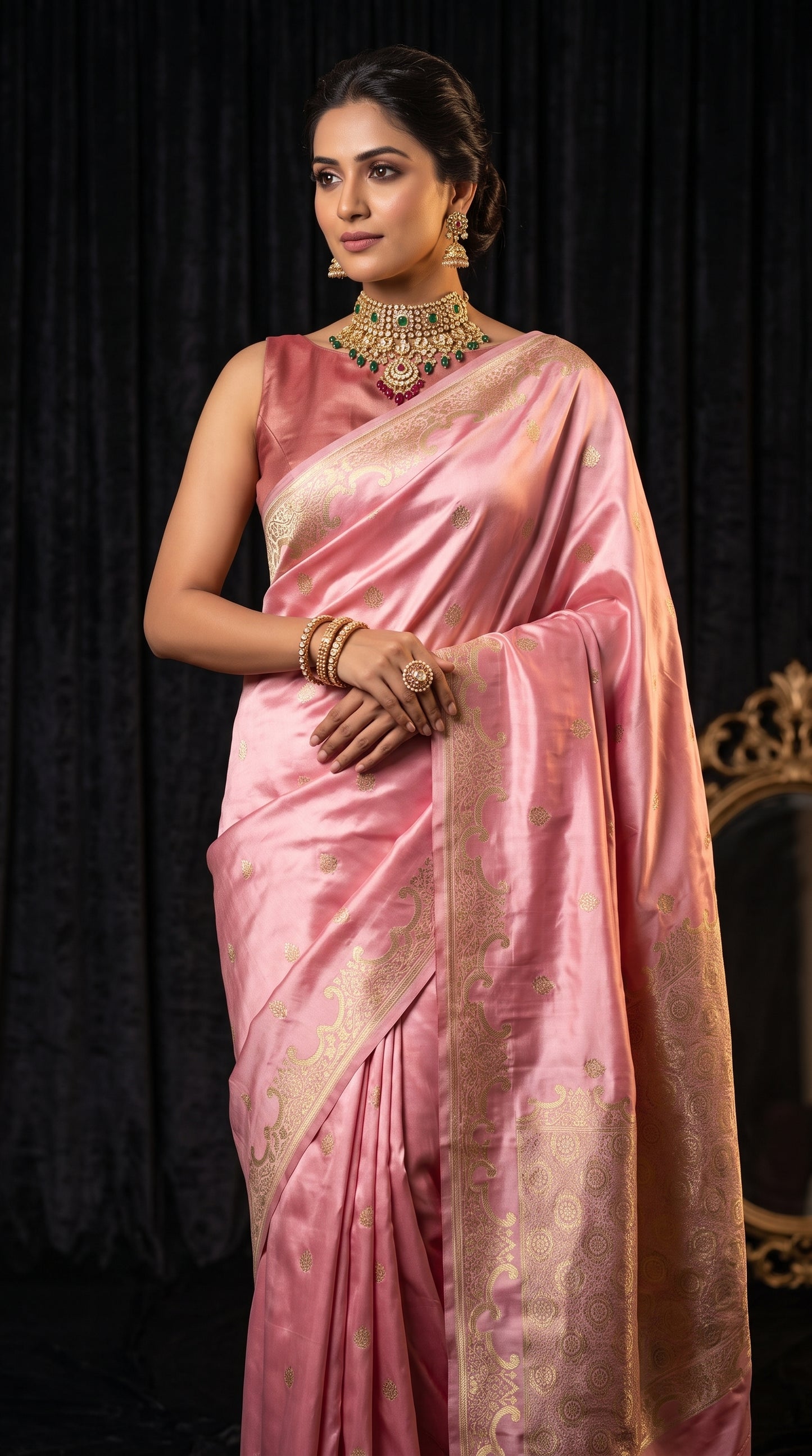 Baby Pink Katan Silk Banarasi Saree with Floral Kangoora Zari Border