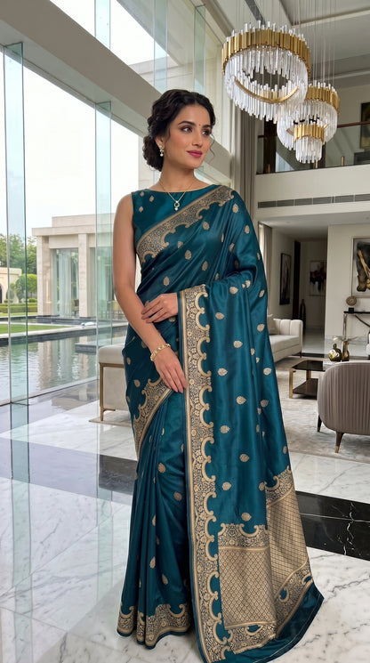 Royal Teal Blue Katan Silk Banarasi Saree with Floral Kangoora Zari Border