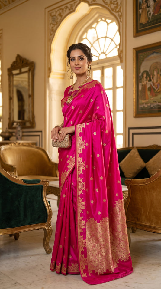 Royal Rani Pink Katan Silk Banarasi Saree with Floral Kangoora Zari Border