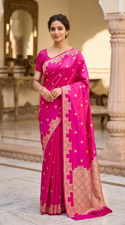 Royal Rani Pink Katan Silk Banarasi Saree with Floral Kangoora Zari Border