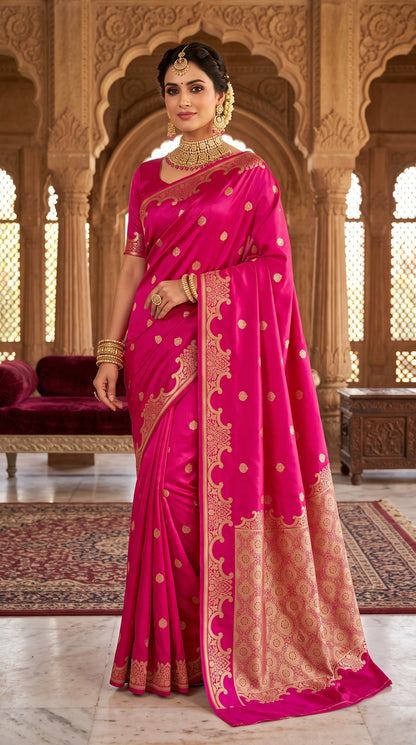 Royal Rani Pink Katan Silk Banarasi Saree with Floral Kangoora Zari Border