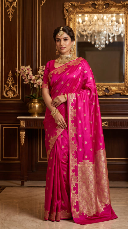 Royal Rani Pink Katan Silk Banarasi Saree with Floral Kangoora Zari Border