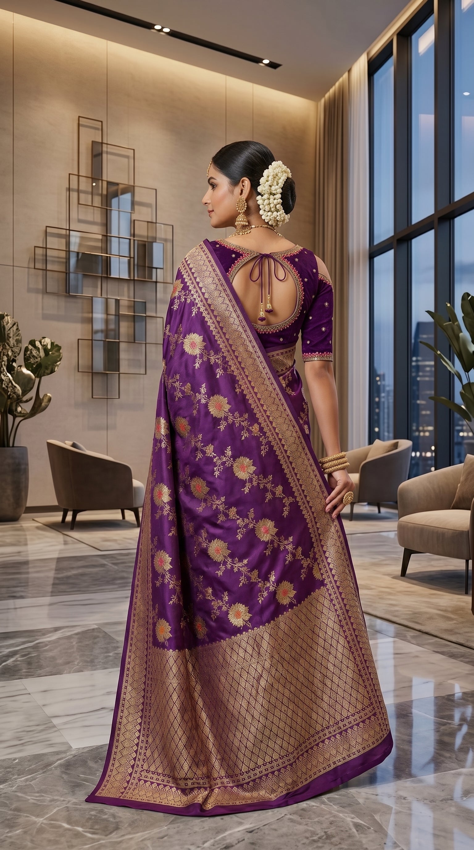 Purple Katan Banarasi Silk Saree with Sunflower and Daisy Jaal and Golden Zari Border 1